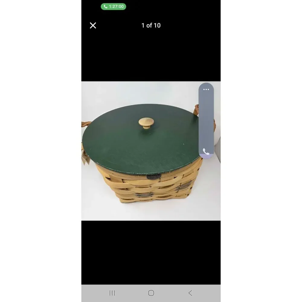 Peterboro Basket Company Round basket w/Leather Handles & wooden Insert Large